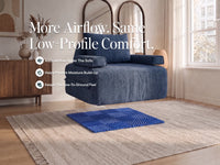 Compact blue Cushie sofa bed over a blue Airflow Pad. Adds airflow, helps prevent moisture build-up and keeps a low profile.