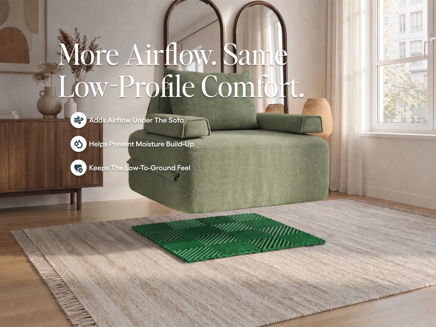 Compact green Cushie sofa bed over a green Airflow Pad. Adds airflow, helps prevent moisture build-up and keeps a low profile.
