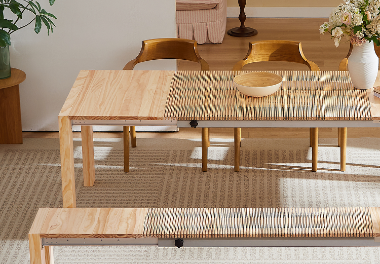 Caterpillar extendable dining table and matching bench in a dining room